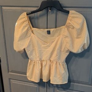 SHEIN Yellow Checkered Puff Sleeve Blouse